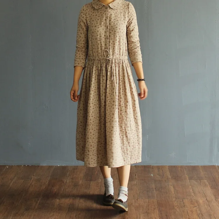 

Vintage rustic romantic flowers print peter pan collar cotton 100% long sleeve dress 2019 spring