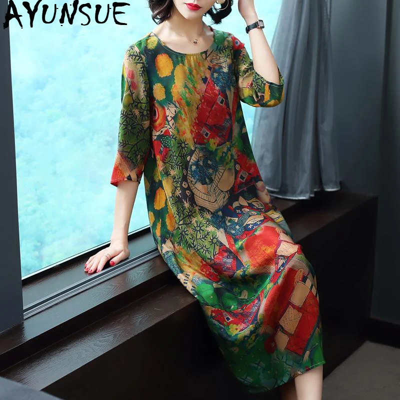 

AYUNSUE 2019 New Summer Silk Dress Women Casual Floral Plus Size Dress Midi Boho Beach Women's Dresses Vestito Donna KJ1850