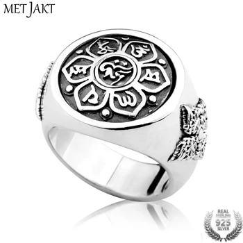 

MetJakt Vintage Buddhism Six Syllable Mantra Ring Solid 925 Sterling Silver Lucky Ring for Unisex Religious Peace Jewelry