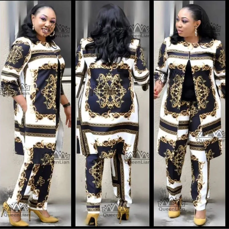 

3 Colors (L-XXXL) New African Print Elastic Bazin Baggy Pants Rock Style Dashiki Sleeve Famous Suit For Lady CPTZ01#