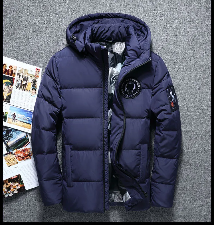 Мужская пуховая куртка с капюшоном, зимние мужские теплые пуховые пальто, Мужская стеганая куртка, теплая верхняя одежда, отстегивающиеся парки с капюшоном на снежную погоду - Цвет: Синий