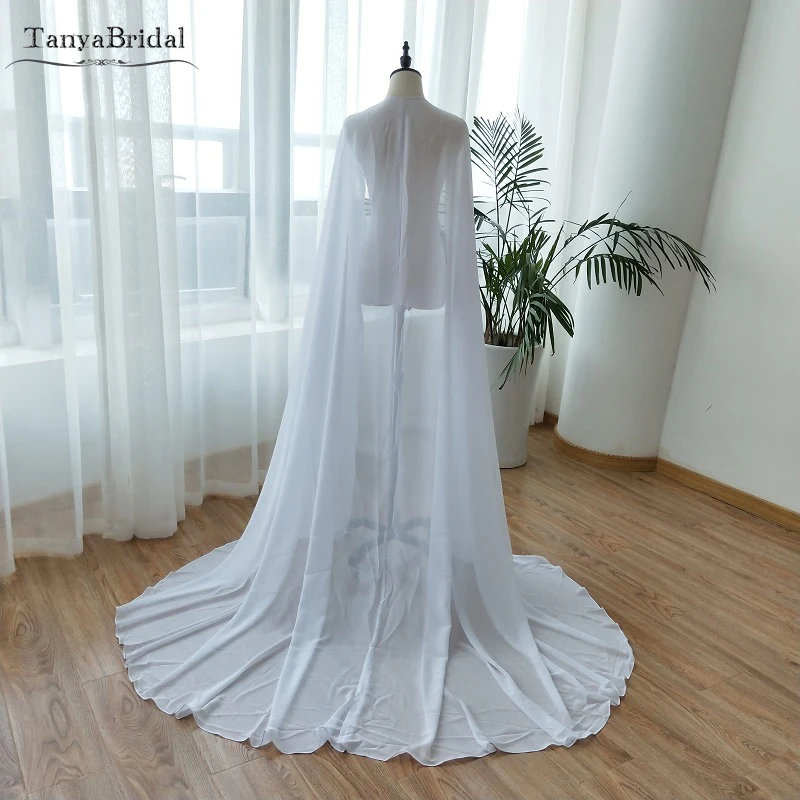 

Pure White Chiffon Wedding Cape Simple Button Elegant Bolero Wrap Long Bridal Accessories DJ049