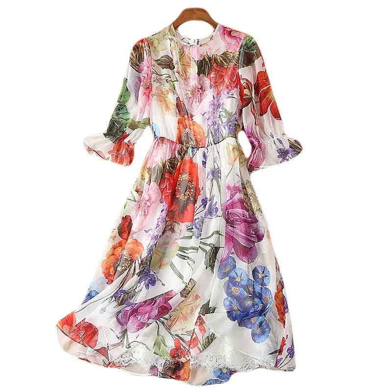 

XF 7 2019 New Spring And Summer Fashion Designer Women'S Bohemian Print Holiday Beach Casual High Waist Tulle Chiffon Dress