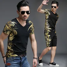 Летний мужской спортивный костюм с золотым растительным узором, футболка с коротким рукавом и шорты, комплект из двух предметов, мужской спортивный костюм для фитнеса, мужские комплекты с шортами