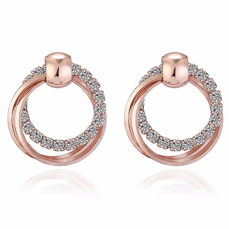 

New Fashion Exquisite Double Round Rhinestone Stud Earrings Rose Gold Color Earrings For Women/Girls Jewelry