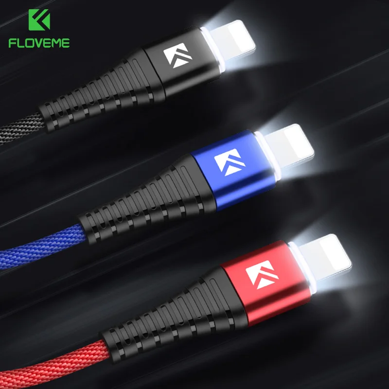 

FLOVEME LED USB Cable For iPhone X XS MAX XR 8 7 5 5s SE For Lightning to USB Cabo Hi-Tensile 2A Fast Charge Charging Data Cable
