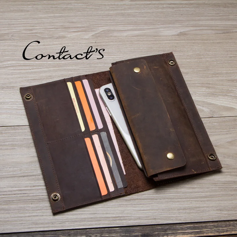

Men's Purse Vintage Crazy Horse Long Men Genuine Leather Bifold Wallet Phone Credit Card Holder Long Thin Designer Wallet