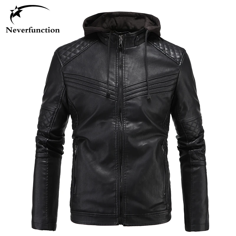 Fashion Hooded Slim Windbreak Waterproof men Leather Jacket Men Brand