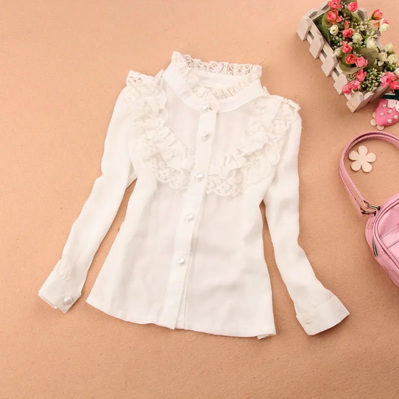 Белая блузка для девочек-подростков; осенние кружевные топы и блузки для девочек; детская рубашка в клетку; рубашки с длинными рукавами; детская одежда