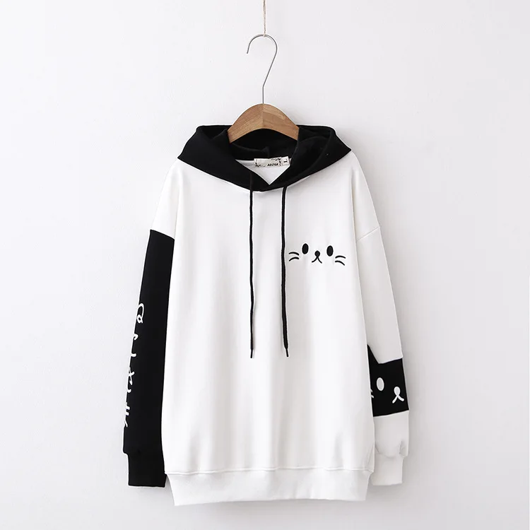  Cute Mori girl Cartoon Letter Cat Embroidery Patchwork Hoodie Winter Fall Pullover Long Sleeve Swea