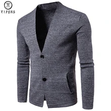 Мужской свитер-кардиган однобортный v-образный вырез Pull Homme Повседневный приталенный мужской однотонный Трикотаж Мужской Джемпер черный