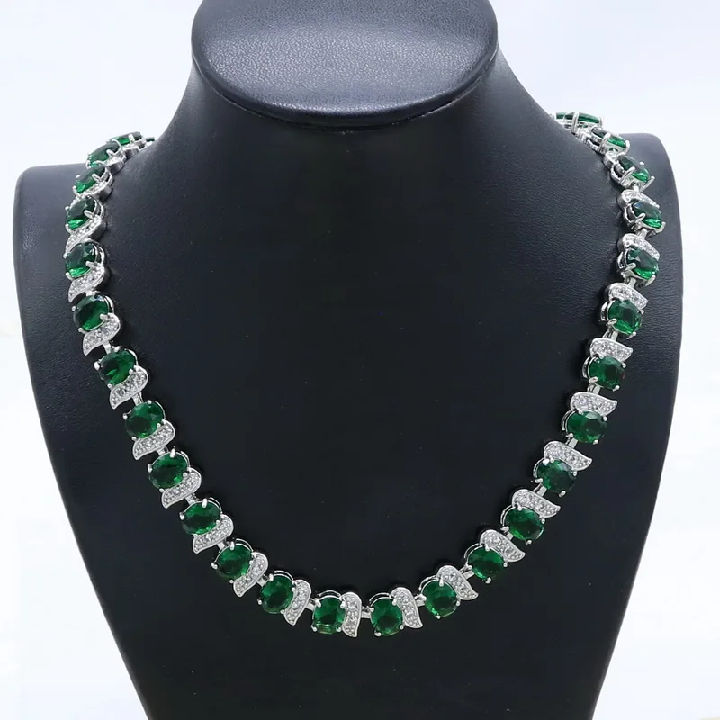 Geometric Green Crystal Necklace Earrings Bracelet 925 Sterling Silver Jewelry Sets for Women Party Wedding Bridal Jewelry - Окраска металла: Necklace