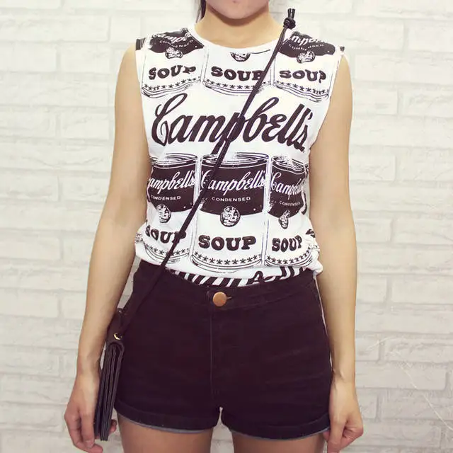 

SexeMara Knitting OT-014 ntage school loose t shirts Women soup graffiti coke cola Print Vests Tops