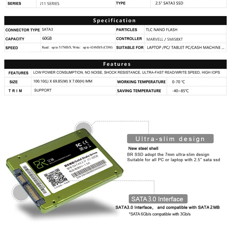 BR ssd hdd диск 2,5 'ssd 60gb 120 gb TLC SATA3 Твердотельный диск внутренний жесткий диск для ноутбука и планшетного ПК