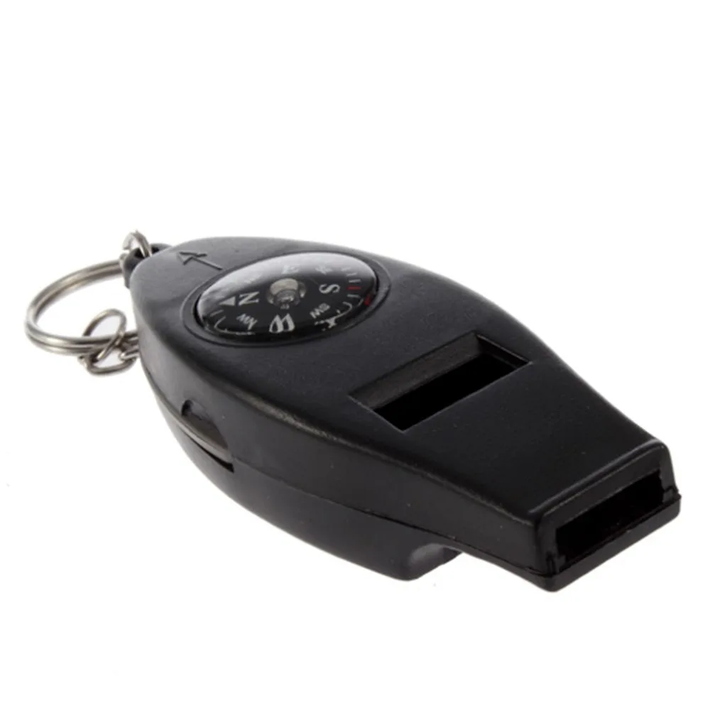 

Black 4 in1 Thermometer Whistle Compass Magnifier with Keychain Mini Portable SOS Whistle Outdoor Safety & Survival Tool