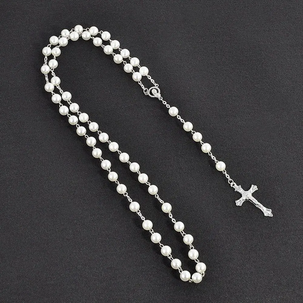 Rosary Handmade Round Glass Imitation Pearl Bead Alloy Cross Pendant Christian Catholic Religious Pendants Necklace