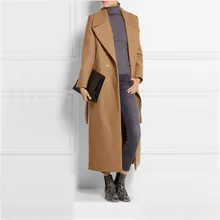 2016 European New Arrival Fashion Autumn Winter Ultra Long Women’s Overcoat Solid Color Double Breasted Woolen Jacket Coat Camel