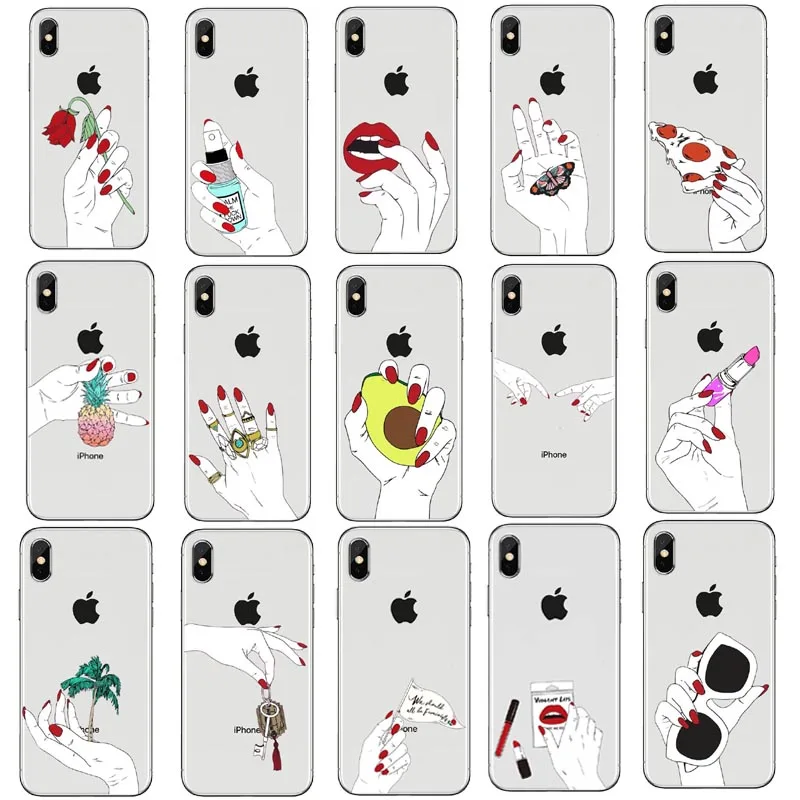 For iPhoneX 8 8Plus Case Cool Girls Red Nail Polished Finger Personality European Style Clear TPU iPhone7 6 6SPlus Capa | Мобильные