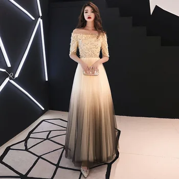 

Evening Dress Gradient Color Shining evening dresses Boat Neck Black Floor length Formal Gown suknia wieczorowa