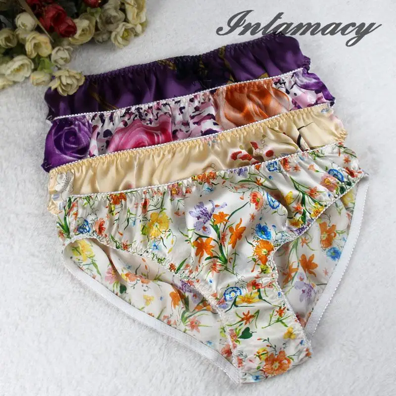 

Large Size Silk Underwear 100% Silk Satin Printing Waist Briefs Female Lightweight Breathable Shorts