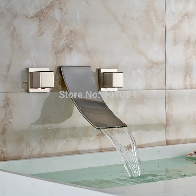 Luxury Creative Wall Mounted Basin Mixer Faucet Dual Handles Waterfall Bathroom Sink Faucet Brushed Nickel Finished