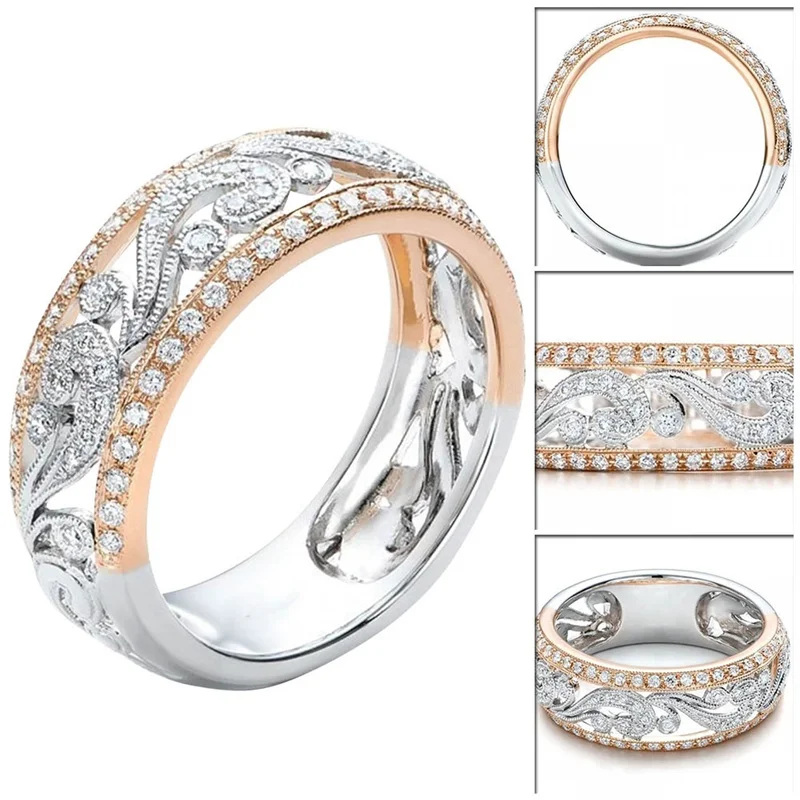 Роскошное ажурное двухцветное кольцо, полое, два цвета, розовое золото, цветок, кубический цирконий, кольцо, мульти проложенные стразы, кольца для женщин