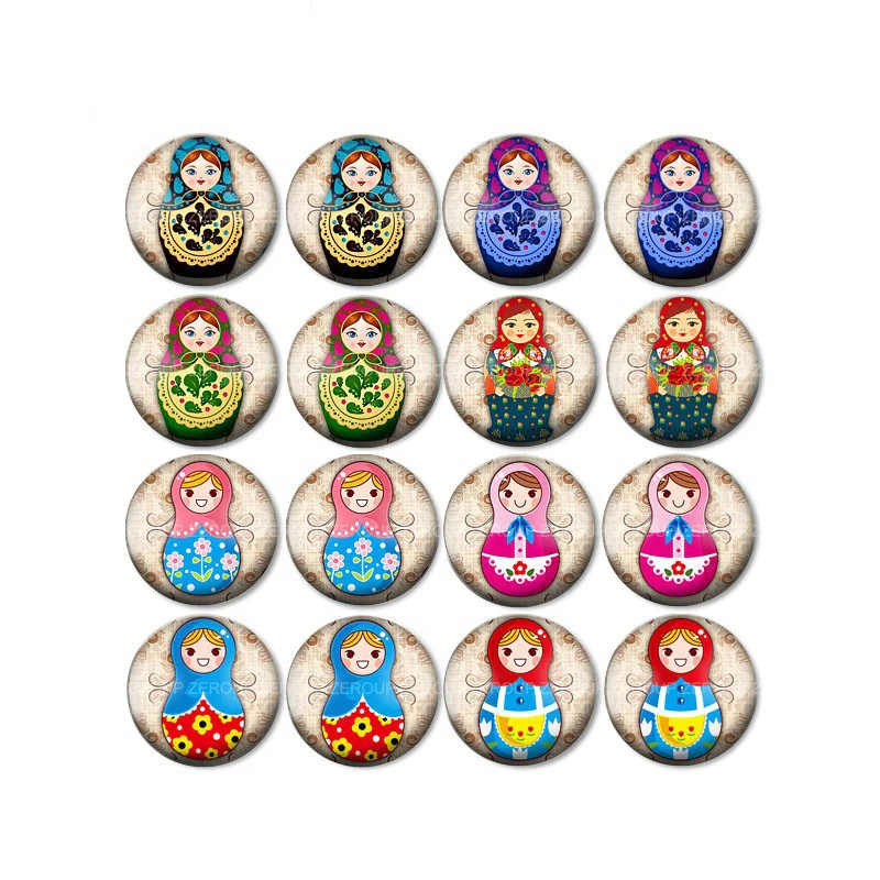 

16pcs Round Glass Cabochon Russian Nesting Doll Pictures Mixed Pattern Fit Base Earring Setting for Jewelry Flatback