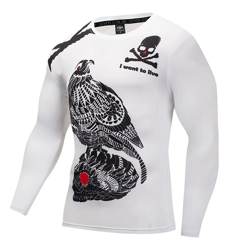 2018 Newest White Compression Tee Shirt Long Sleeves T shirts Men Body Building Hip Hop Workout 