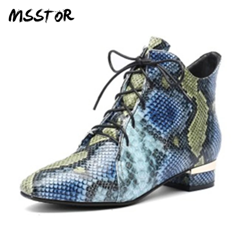 

MSSTOR Snake Print Flat Boots For Women Plus Size Fashion Elagant Casual Autumn Winter Lace Boots Round Toe Women Ankle Boots