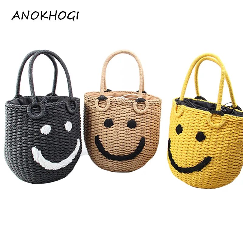 

Big Smile Women Straw Woven Handbags Vintage Handmade Bohemian Beach Holiday Tote Bag 3 Colors Top-handle Bags B219