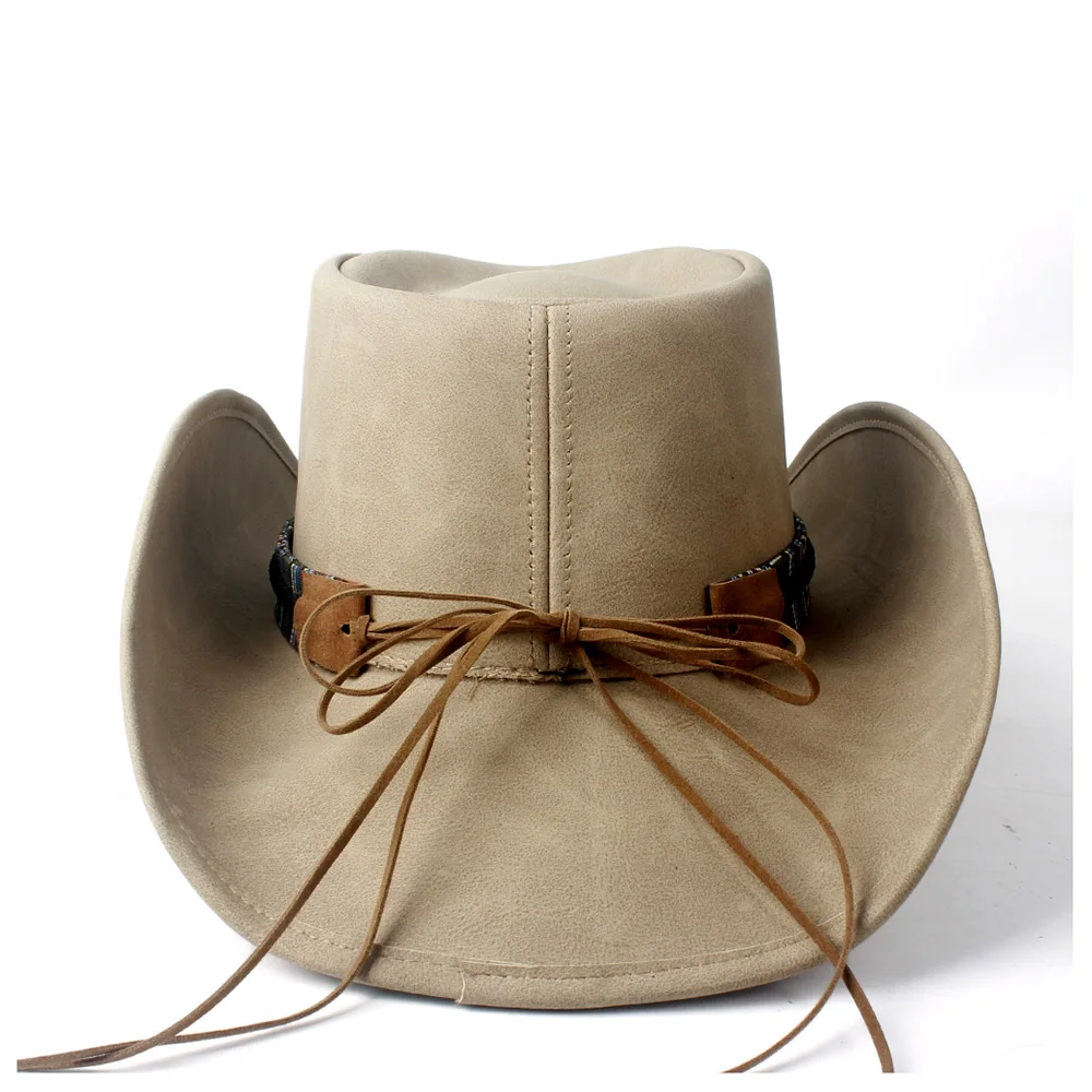 Retro Unisex Leather Hat Wide Brim Cowboy Cowgirl Western Hat Cow Head Leather Band