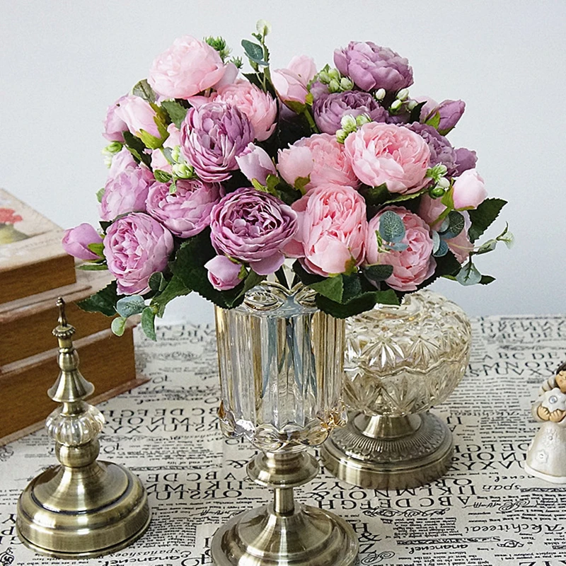30 см красивые шелковые искусственные цветы с розами и пионами, букет с 5 Большими головками, 4 бутона, искусственные цветы для дома, вечерние, весенние, свадебные украшения