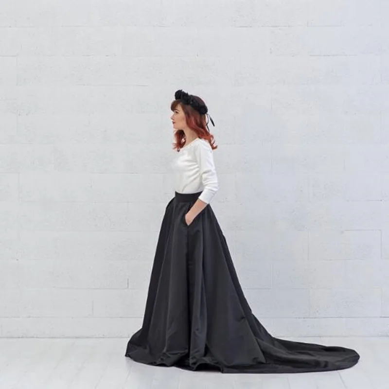 

Elegant Black Women Satin Floor Length Skirt Sweep Train High Waistline Zipper Style Pleated Maxi Skirts with Pockets