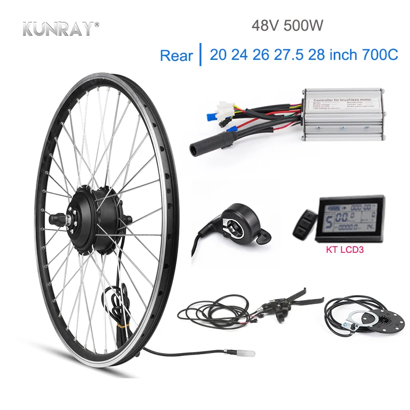 Kunray Electric Bike Kit 48V 500W Brushless Gear Hub Motor 20 24 26