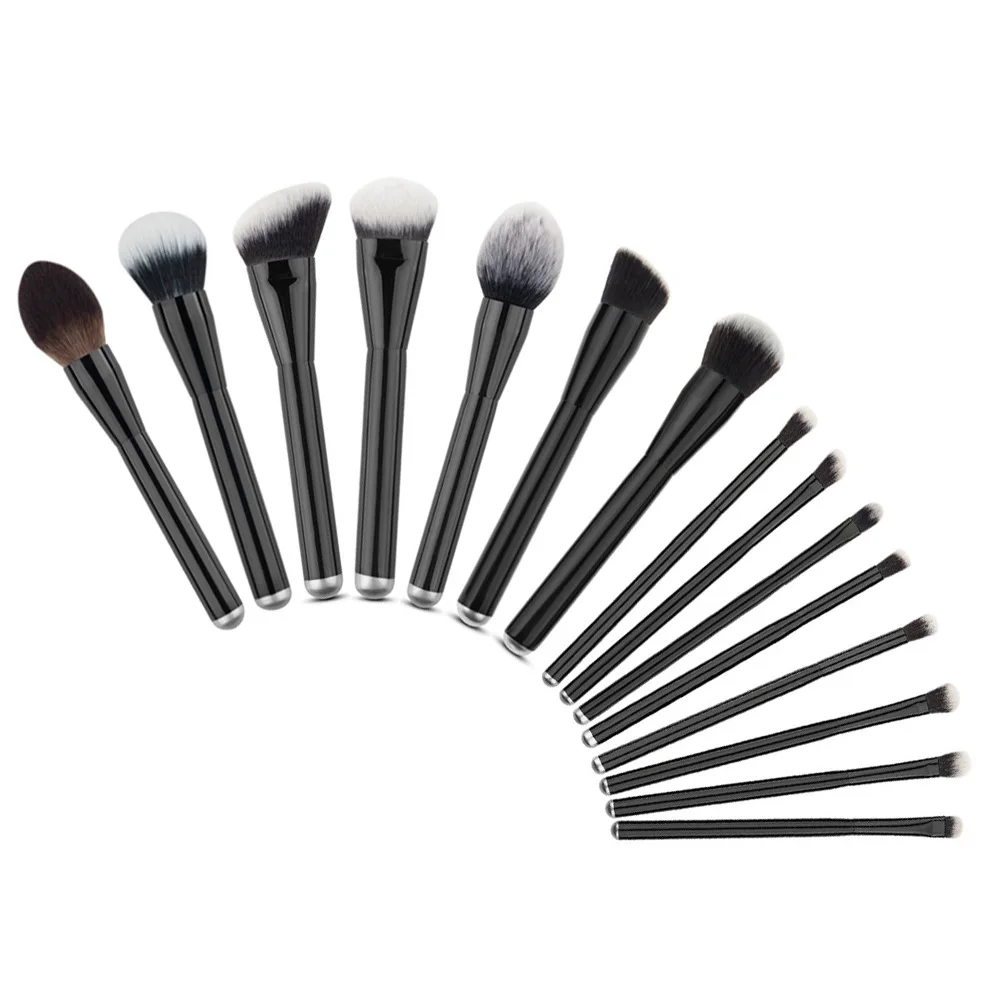 15PCS Makeup Brushes Set Wood Handle Aluminum White Nylon Black