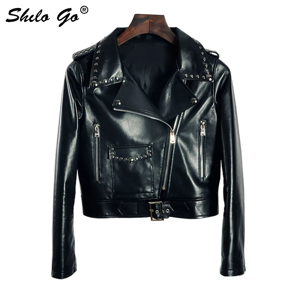 Leather Jacket Womens Spring Fashion sheepskin genuine leather coat rivet button lapel zipper belt locomotive jacket
