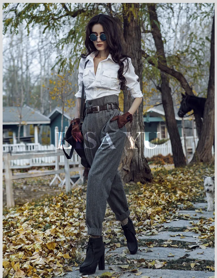 [AIGYPTOS] Весна Осень шерстяные с высокой талией для женщин английский стиль в полоску тонкие повседневные узкие брюки длиной до щиколотки
