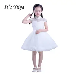 Это yiiya Рубашка с короткими рукавами Высокий воротник шифон молнии аппликации Бисер кружевные цветы принцесса Платье для девочек с
