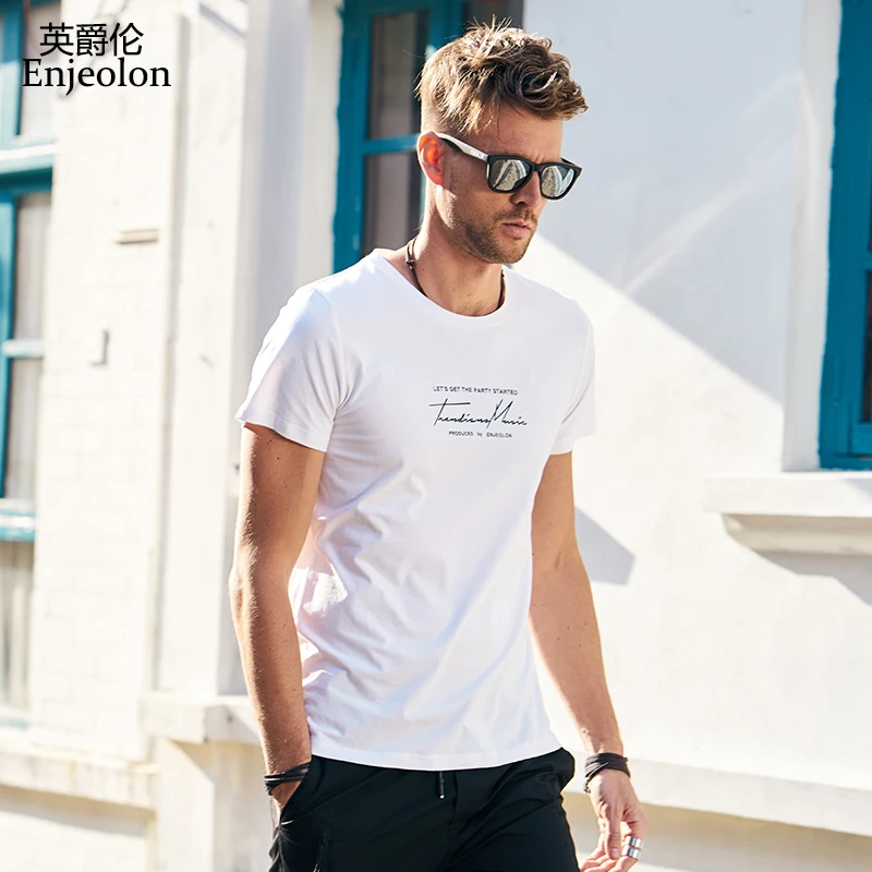 

Enjeolon Brand Summer Cotton T shirt Men 3 color Letter Printing 4XL T shirt O neck Short Sleeve Clothes Casual Tee Shirts T7133