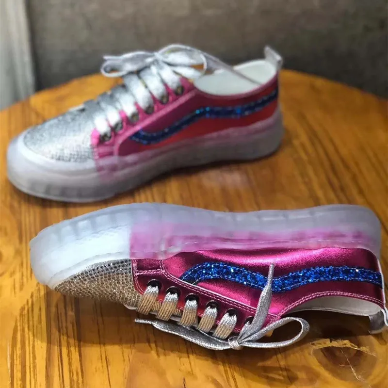 Fast Delivert New Women Sneakers Genuine Leather Fashion Comfortable Round Toe Flats Platform Woman Rhinestones Casual Shoes