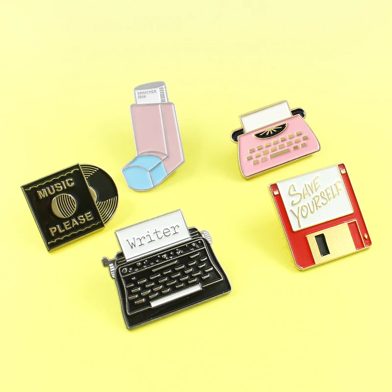 

Cute Brooch Writer Typewriter Save Yourself Memory Card Music Pleasen CD Lapel Enamel pins DIY Badges for women girls gift
