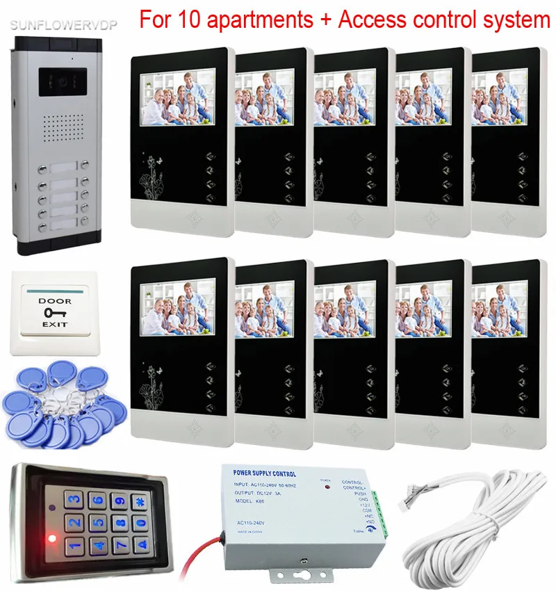 10 Units Doorphones On The Front Door CCD lens Video Call Color 4.3\ Screen Home Phone With Rfid Keyboard Access Control System