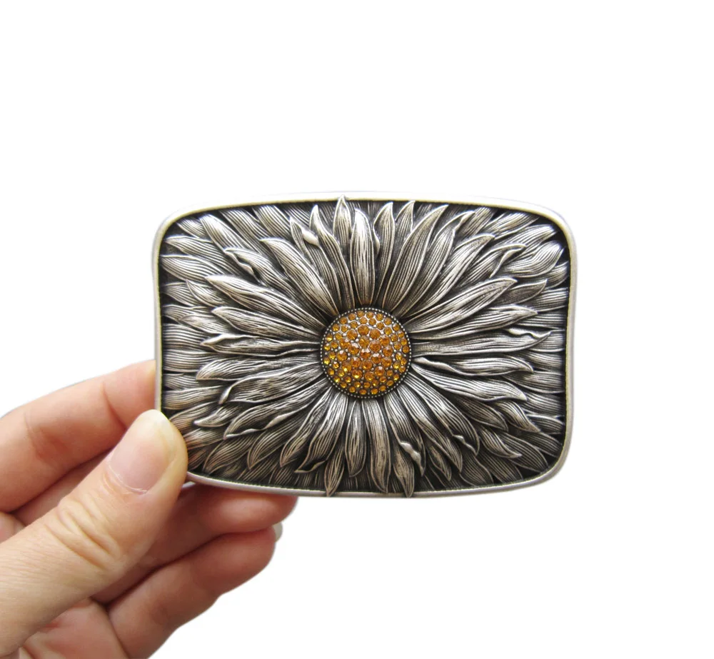 

New Original Antique Silver Plated Rhinestones Blooming Daisy Bling Belt Buckle Gurtelschnalle Boucle de ceinture