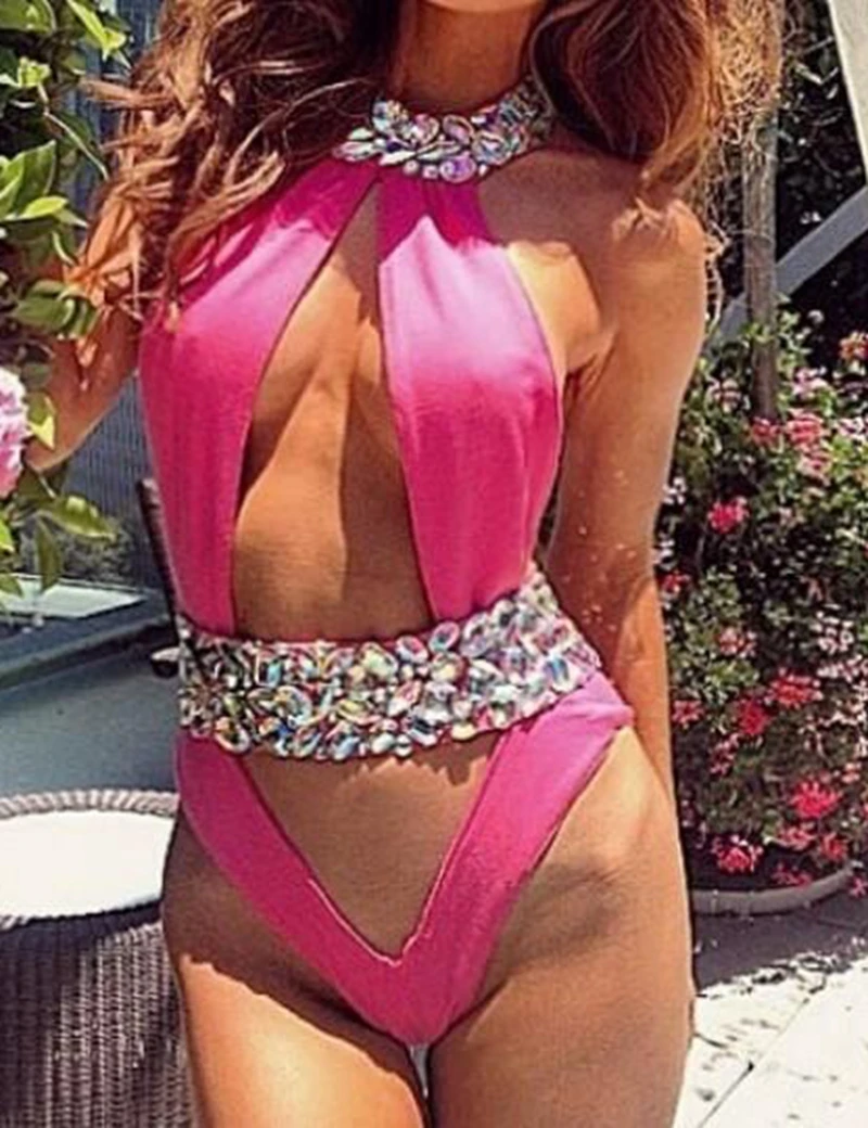 High quality diamond one piece swimwear cut out diamond bathing suit