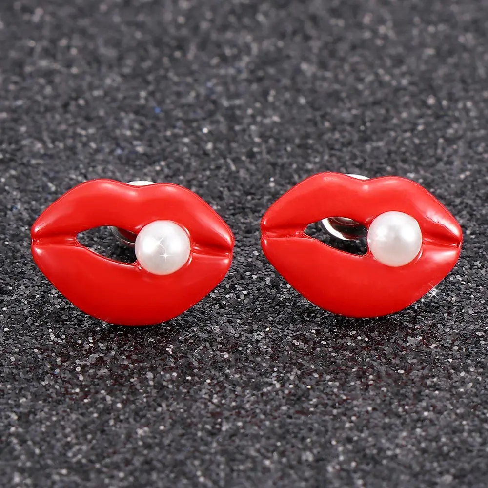 1Pair Red Lips Stud Earrings White Peral Lipstick kiss Simple