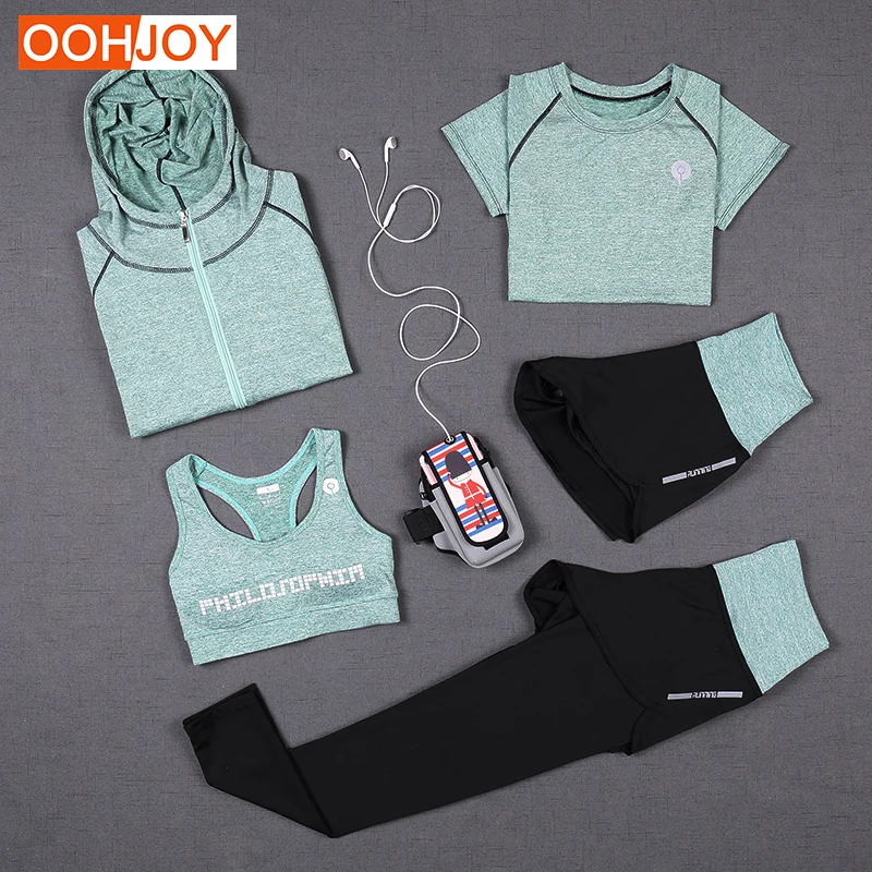 New Women Yoga Suit 5 Piece Yoga Sets 3 Piece Solid Color Yoga Shirt Fitness Tracksuit Running Yoga Pants Sports Bra Sportswear