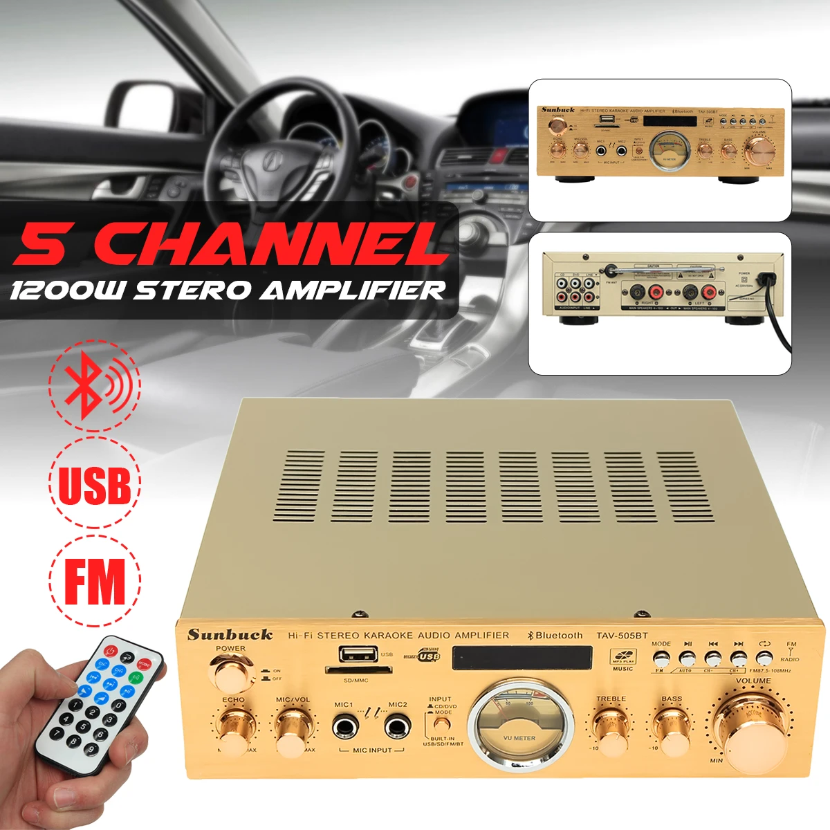 

220V-240V 505BT 1200W 5 Channel Stereo Amplifier bluetooth Sound Mode Audio Music Booster for Car Home