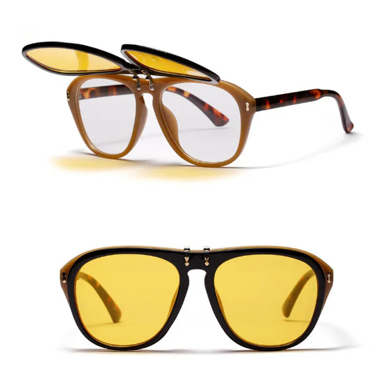 Двухслойные ретро-солнцезащитные очки с Откидывающейся Крышкой для женщин, негабаритная круглая оправа, очки для мужчин, фирменный дизайн, красные, черные солнцезащитные очки, очки для женщин - Цвет линз: C2