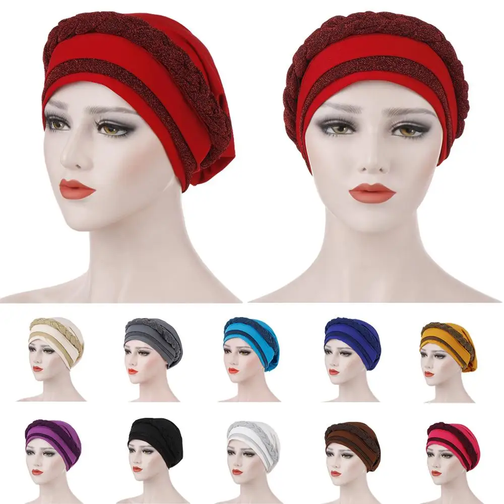 

Women Hair Loss Muslim Braid Head Turban Wrap Cover​ Cancer Chemo Cap Hat India Glitter Bonnet Beanies Skullies Fashion