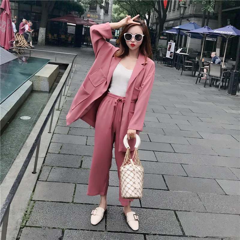 

Two piece set top and pants spring and summer temperament commute OL suit wide leg pants two-piece female loose solid color suit